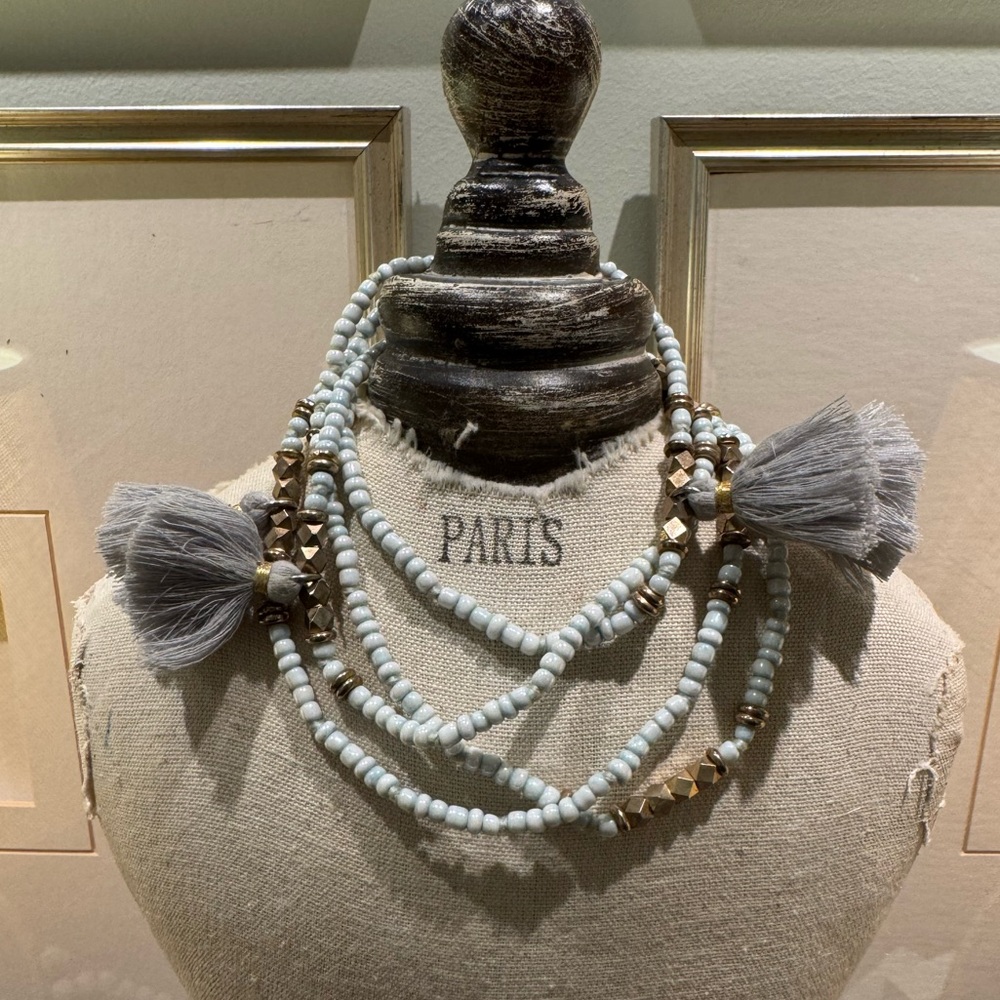 India Hicks Light Blue Beaded Grey Tassel Necklace with Gold Bead Accents